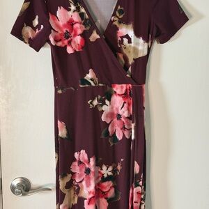 Floral Wrap Maxi Dress in Burgundy with Pink Blooms